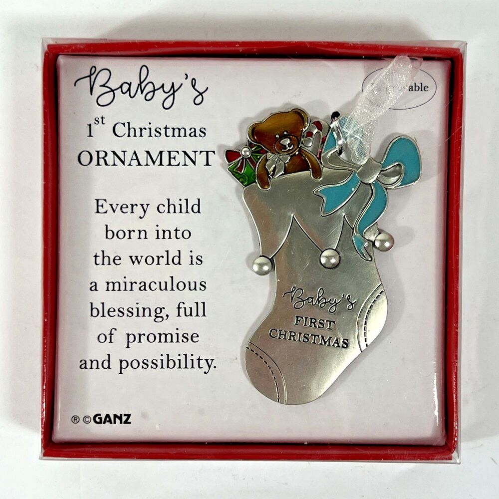Baby's 1st Christmas Ornament Ganz Stocking Teddy Bear Silver Tone New